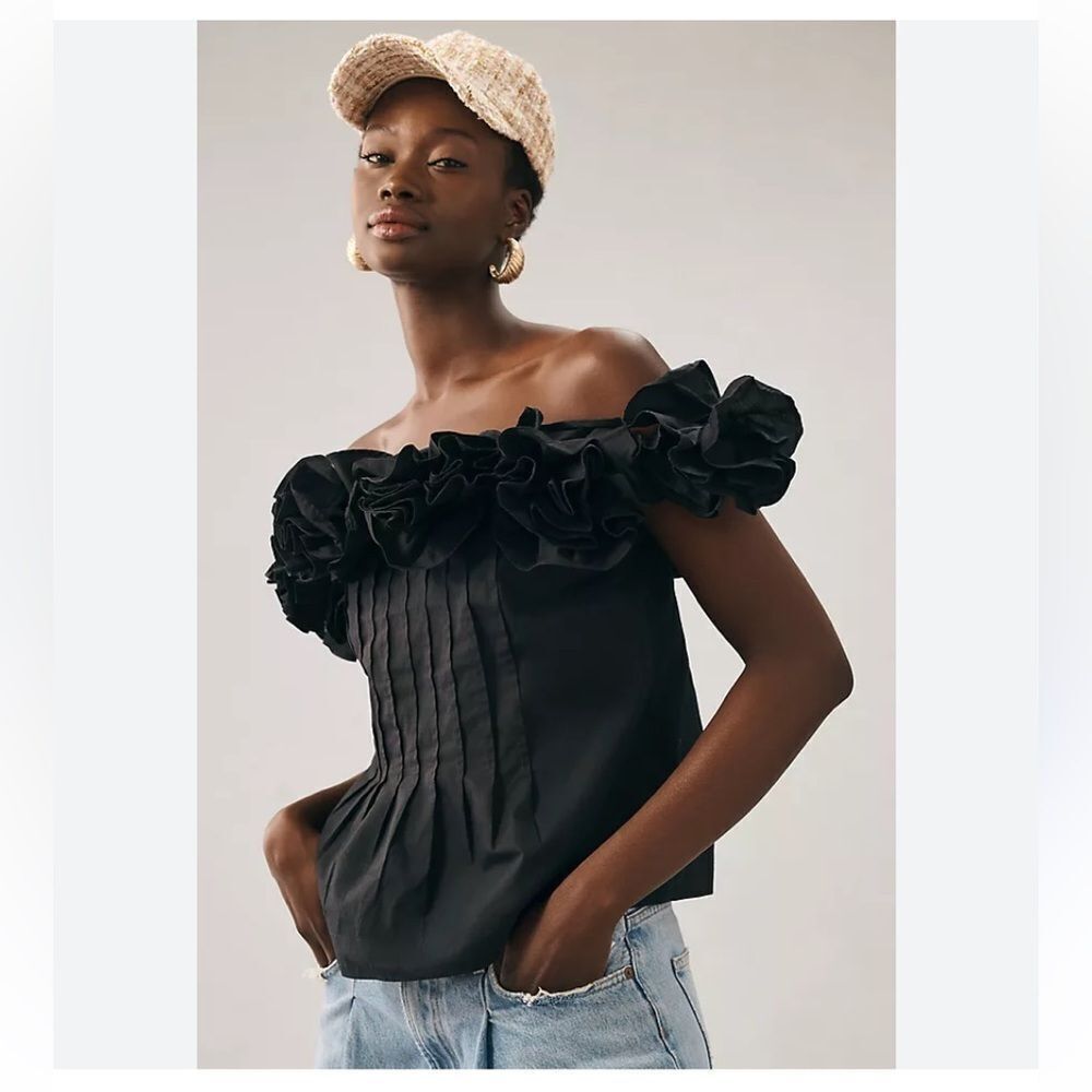 By Anthropologie Maeve Ruffled Off-The-Shoulder Blouse size M Black